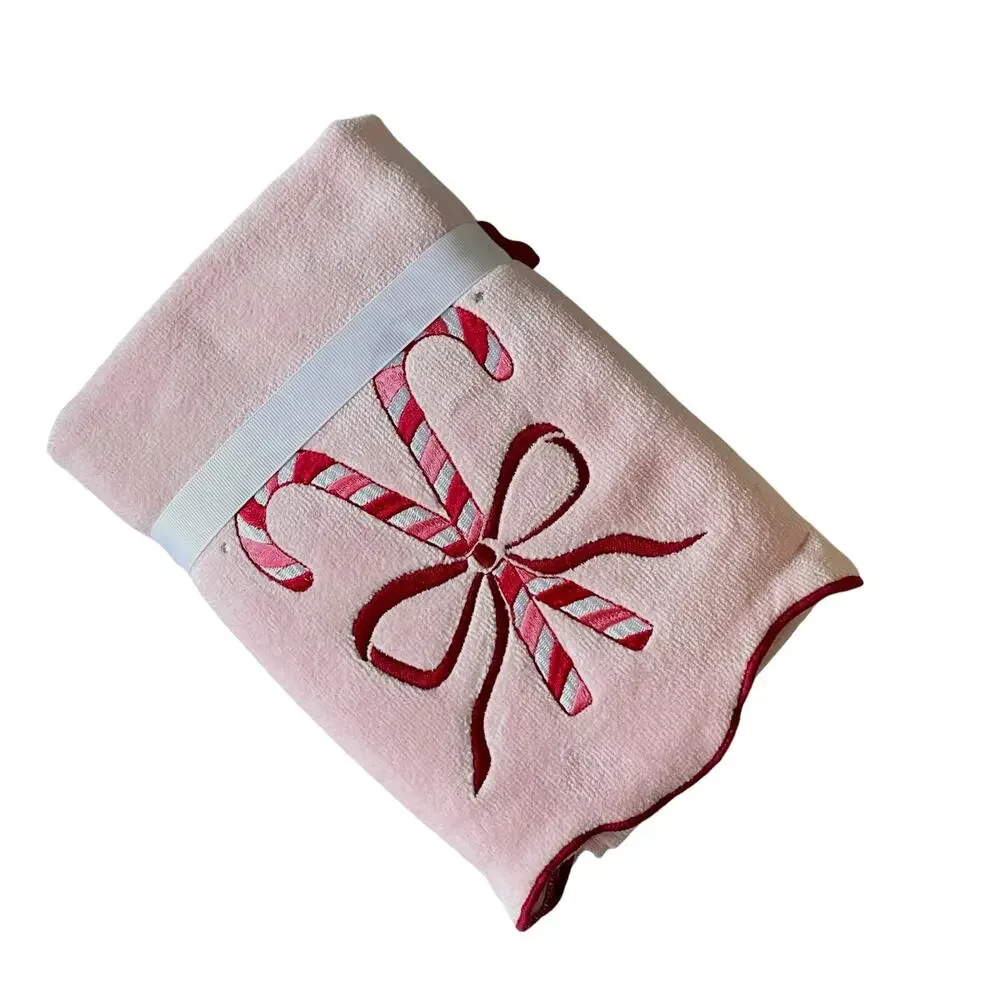 2pc Kassatex Christmas Hand Towels Candy Cane with Bow Cotton Holiday Pink NEW